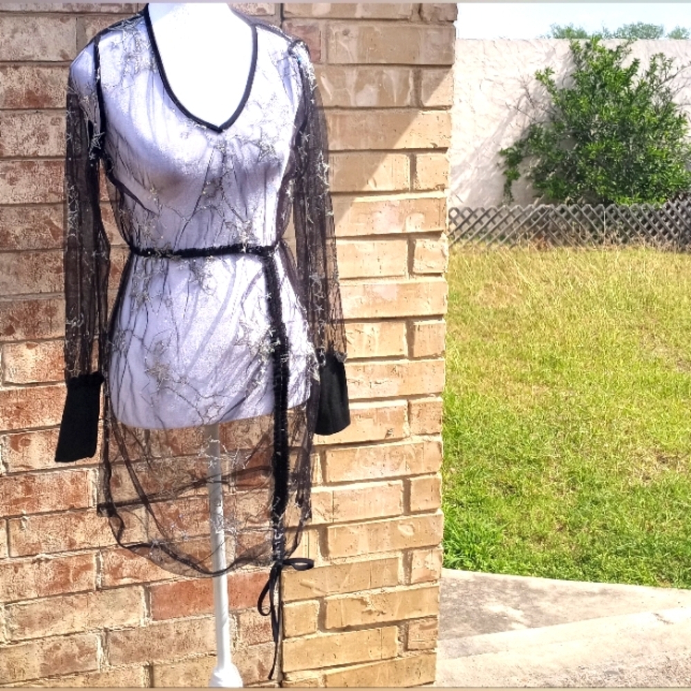 SHEIN Mesh Sheer Embellished Star Black Swim Cover-up Women Size Medium